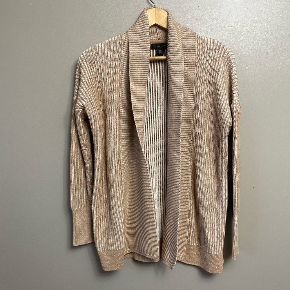 Tahari Med Long Line Open Front Ribbed Shawl Collar Tan /White Cardigan Sweater